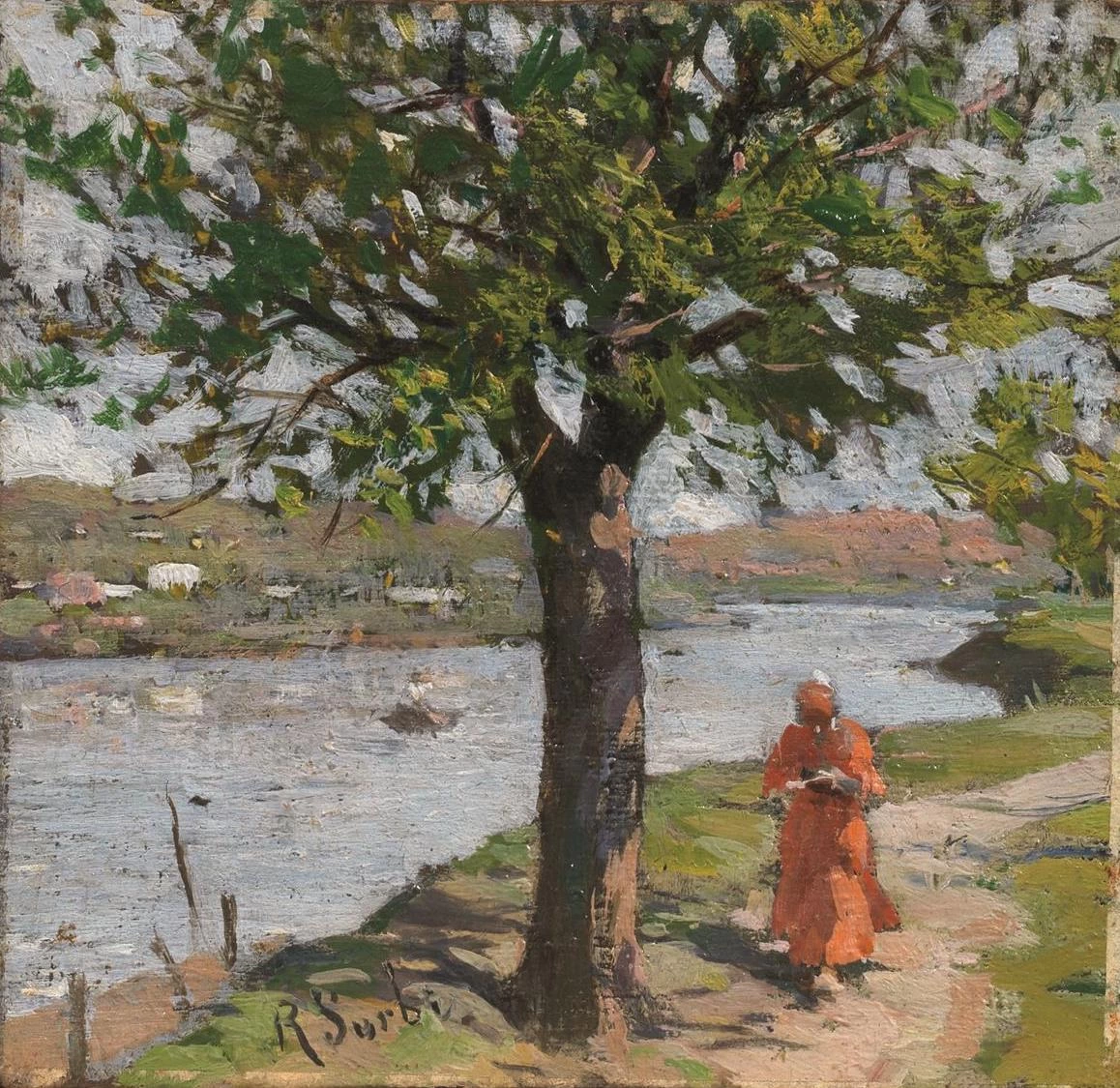 Dante che passeggia lungo il fiume